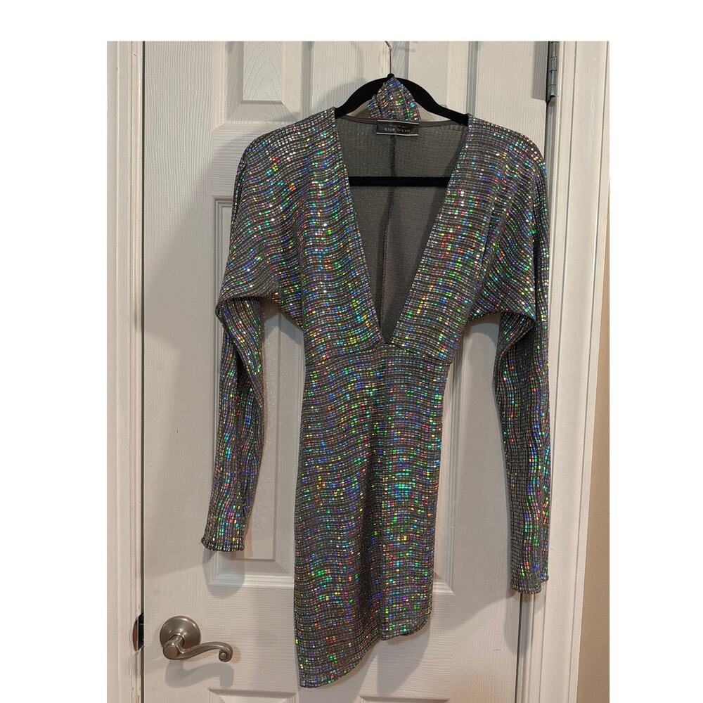 Blue Blush Small Holographic Sequin mini dress plunge V asymmetrical S